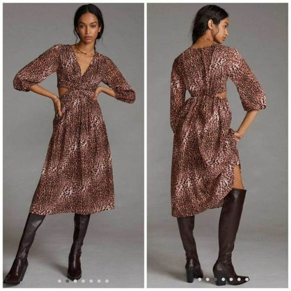 Anthropologie Ranna Gill Motif Leopard Print Cutout Midi Dress sz S NWT